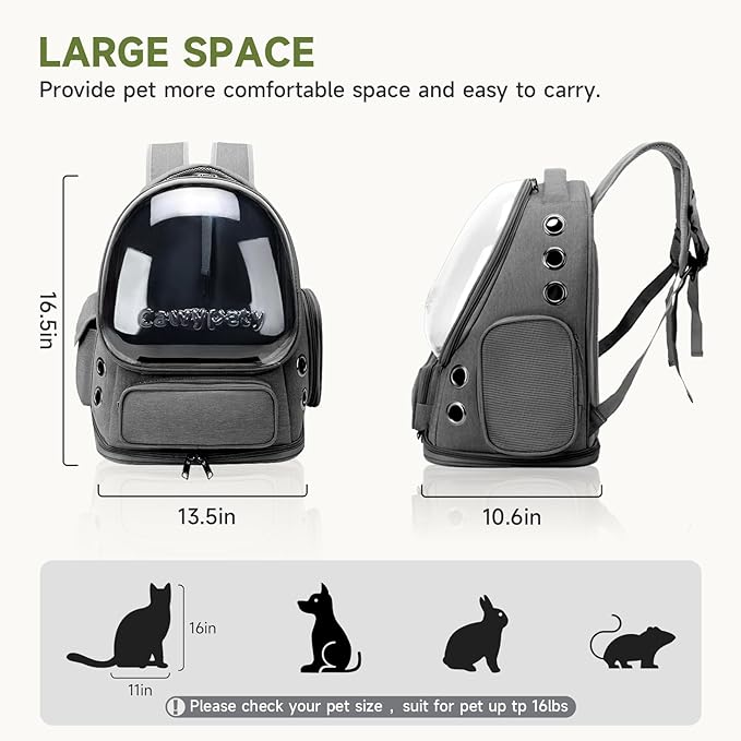 Cat Backpack Carrier, Breathable Cat Carrier Large Space Bubble Pet Backpack for Kitty Small Dog up to 12lbs, Transparent & Foldable Pet Carrier for Travel Hiking