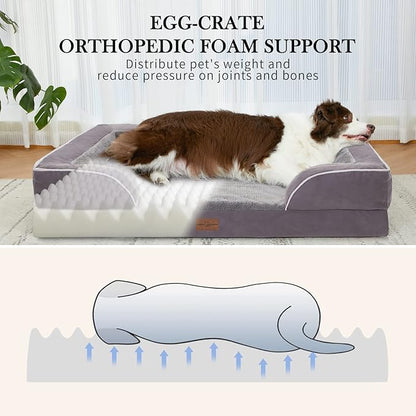Waterproof XL Dog Bed Orthopedic Foam Dog Beds, Extra Large Dog Bed with Bolster, Washable Dog Bed Sofa Pet Bed with Removable Cover & Non-Slip Bottom(X-large,Purple)