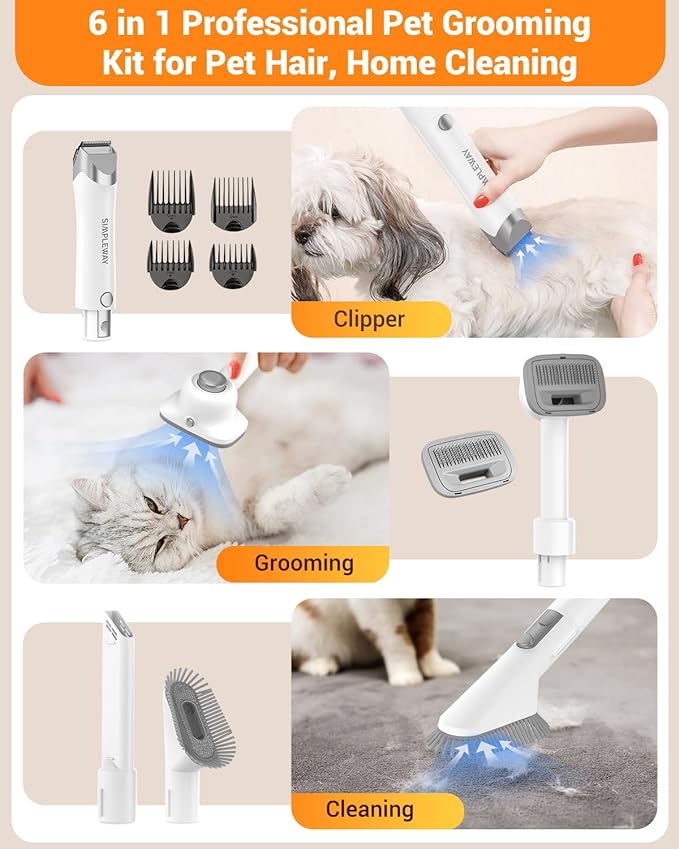 Pet Grooming Vacuum, 6 in 1 Dog Grooming Kit with 3 Suction Mode and Large Capacity Dust Cup, Dog Vacuum for Shedding Grooming and Pet Vacuum for Dog Hair at Home (White)