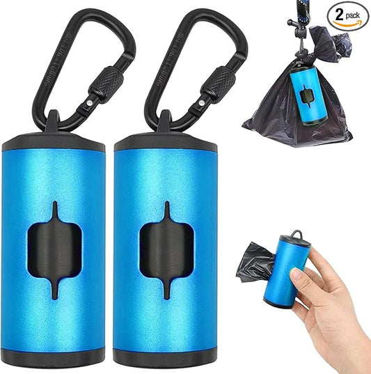 2 Pack Metal Dog Poop Bags Holder Aluminum Poo Bags Dispenser with 30 Black Unscented Pet Waste Bags and 3 Leash Accessories for Dog Walking(2 Holders 30 Bags,Blue)