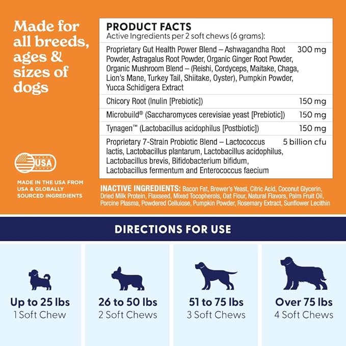 Belly Buddies Probiotics for Dogs, 5 Billion CFUs Prebiotics & Probiotics for Gut Health, 7 Strain Probiotic Blend, Immune Support, for All Dogs, Bacon Flavor, 90 Soft Chews