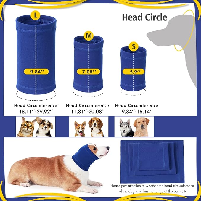 Quiet Ears for Dog, Dog Ear Muffs for Noise Protection,Knitted Dog Winter Hats, Dog Calming Hoodie, Pet Cats and Dogs Grooming Bathing Calming Drying Ear Muffs (Blue, L)