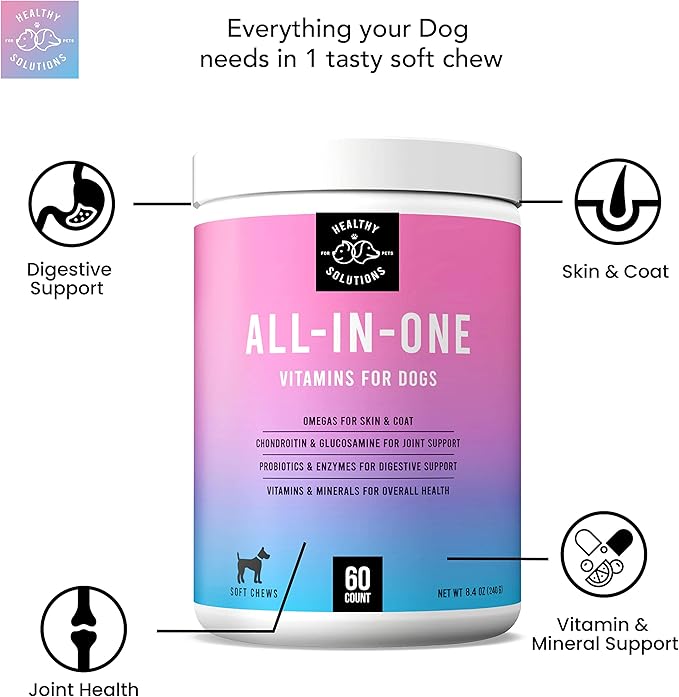 All-in-One Dog Vitamins & Supplements - Dog Multivitamin Supplement for Joint Support, Digestion, Skin, & Coat - Plus Omega-3, 6, 9 - Ultimate Daily Vitamin for Dogs - Made in USA, 60 Soft Chews