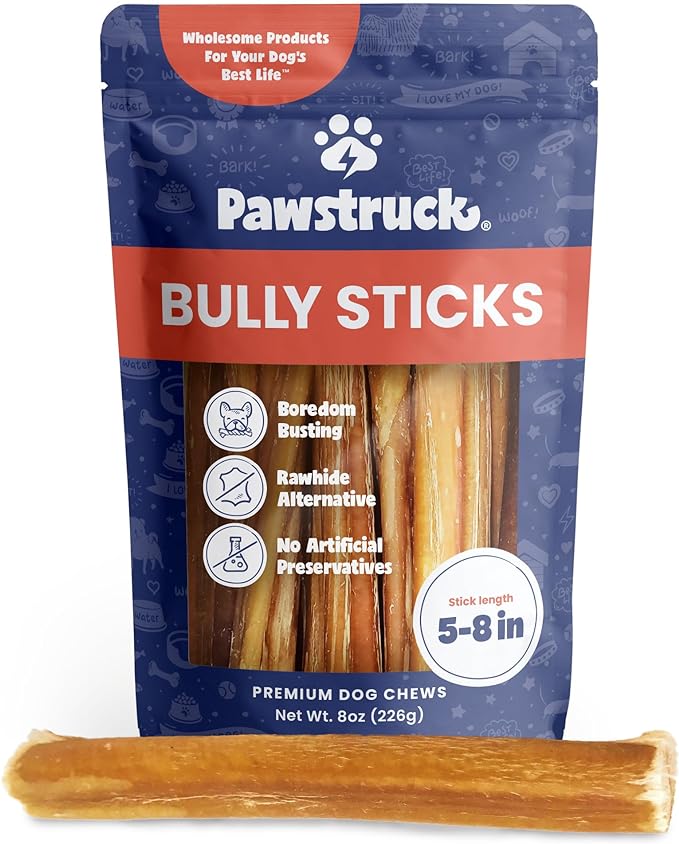 Pawstruck Natural 5-7" Bully Sticks for Dogs - Best Long Lasting, Rawhide Free, Low Odor Dental Chew Treat - Healthy Single Ingredient 100% Real Beef - 8 oz. Bag - Packaging May Vary