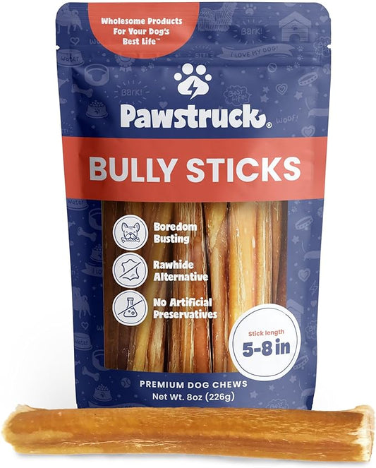 Pawstruck Natural 5-7" Bully Sticks for Dogs - Best Long Lasting, Rawhide Free, Low Odor Dental Chew Treat - Healthy Single Ingredient 100% Real Beef - 8 oz. Bag - Packaging May Vary