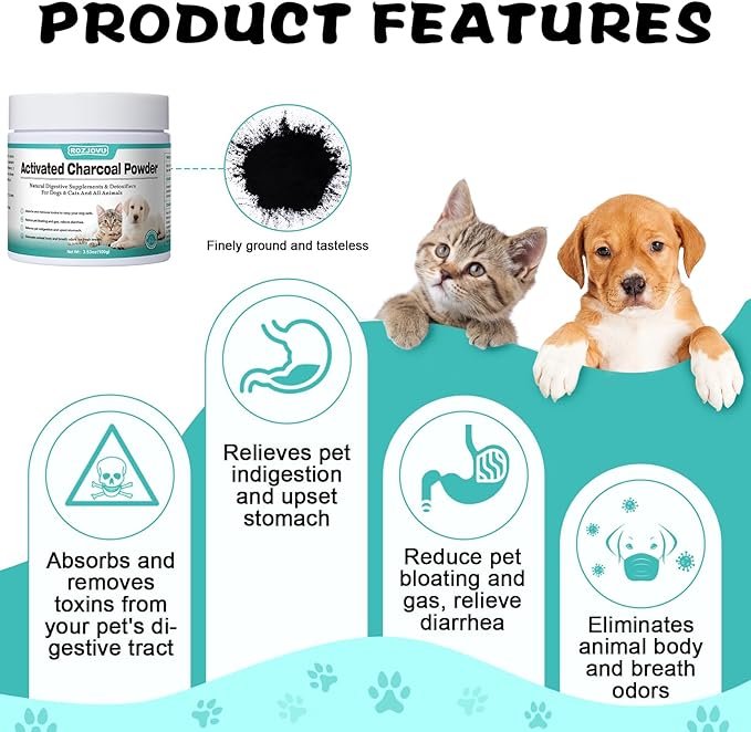 Activated Charcoal for Dogs, Cats, and All Pets, Charcoal for Dogs Poisoning, Digestive Health, Gas & Liver Support, Non-GMO, Gluten Free,3.53oz(Powder)