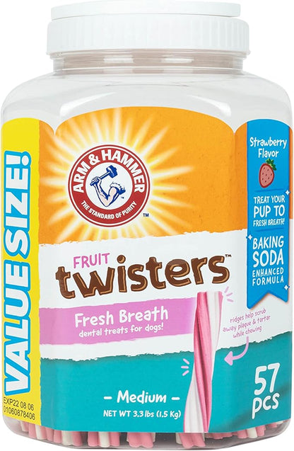 Arm & Hammer Fruit Twisters Fresh Breath Dental Treats for Dogs in Fruity Strawberry Flavor Baking Soda Dog Treats for Dental Health (Pack of 6, 342 Count Total)