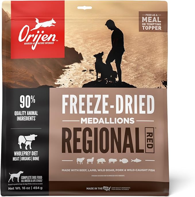 ORIJEN REGIONAL RED Freeze Dried Medallions Dog Food & Topper, Grain Free Dog Food, WholePrey Ingredients, 16oz