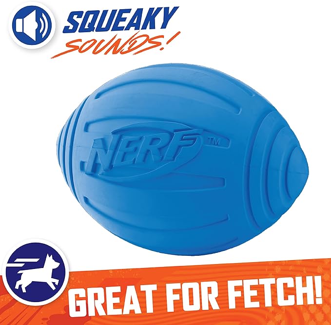 Nerf Dog Ridged Football Dog Toy with Interactive Squeaker, Lightweight, Durable and Water Resistant, 7 Inch Diameter for Medium/Large Breeds, Single Unit, Blue