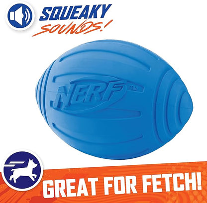 Nerf Dog Ridged Football Dog Toy with Interactive Squeaker, Lightweight, Durable and Water Resistant, 7 Inch Diameter for Medium/Large Breeds, Single Unit, Blue