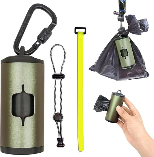 Metal Dog Poop Bags Holder Aluminum Poo Bags Dispenser with 15 Black Unscented Pet Waste Bags and 3 Leash Accessories for Dog Walking(1 Holder 15 Bags,Dark Green)