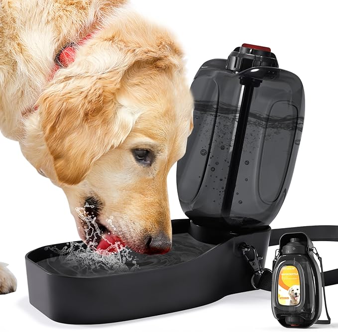 Travel Dog Water Bottle, 45oz Portable Dog Water Dispenser for Walking, Foldable Pet Water Bottle for Puppy, Small, Medium & Large Dogs, Leak Proof, Food Grade Plastic, Easy to Clean, Black