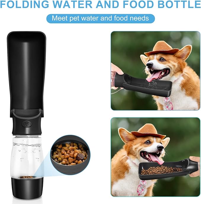 Dog Water Bottle with Food Container - Collapsible Portable Dog Water Dispenser Leak Proof Puppy Drinking Cup, Dog Travel Water Bowls Accessories for Pet Outdoor Walking Hiking (Black)