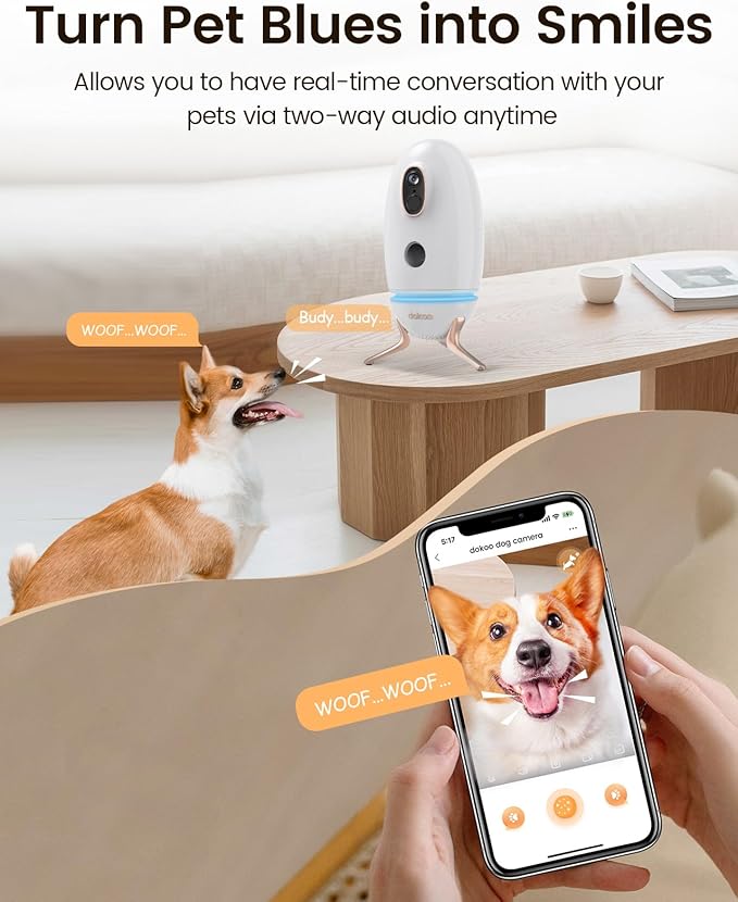 Dog Camera Treat Dispenser, 330° View Dog Cam Pet Security Camera, 2K/4MP HD with Night Vision, Support 2.4GHz Wi-Fi, 2-Way Audio, Indicator Light, Free Cloud Storage, No Monthly Fee