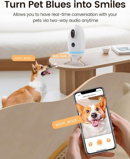 Dog Camera Treat Dispenser, 330° View Dog Cam Pet Security Camera, 2K/4MP HD with Night Vision, Support 2.4GHz Wi-Fi, 2-Way Audio, Indicator Light, Free Cloud Storage, No Monthly Fee