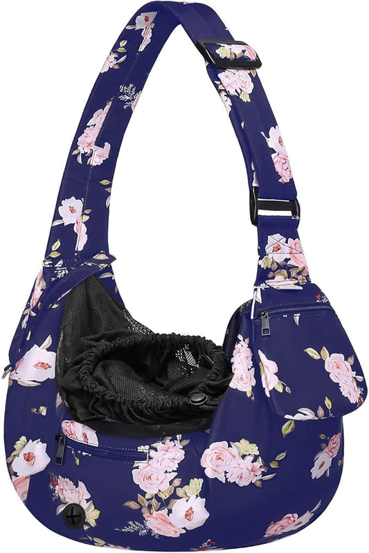 MOSISO Dog Cat Sling Carrier, Pet Dog Carrier Camellia Tote Bag Hands Free Adjustable Padded Strap Breathable Polyester Soft Carrying Travel Shoulder Bag with Front Pocket for Small Dog Cat, Blue