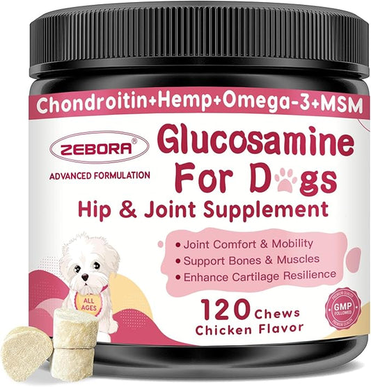 Glucosamine for Dogs, Joint Supplement for Dogs, Chondroitin, MSM, Hemp, Turmeric, Omega 3 for Pain Relief & Skin Health, Dog Hip and Joint Supplement with Calcium Support Bones Health - 120 Chews