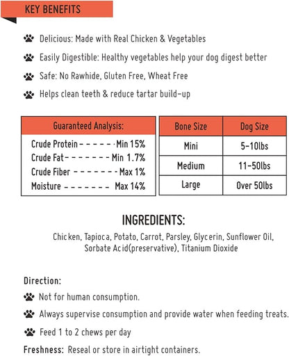 Chicken Dog Chew Bones Medium, Rawhide Free, Grain Free, Made with Real Chicken & Wholesome Vegetables, Knotted Bones Medium 5pcs/pack