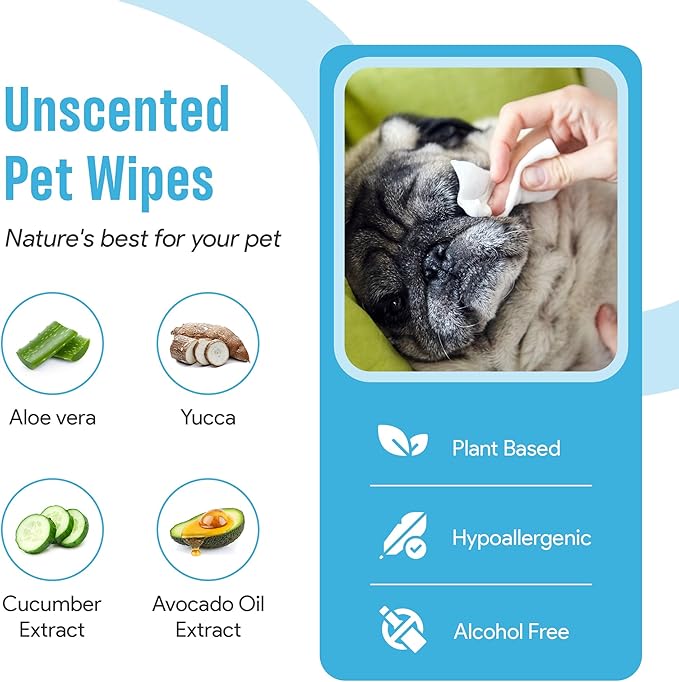 100 Dog Wipes for Paws and Butt Ears Eyes Unscented | Organic Hypoallergenic Pet Wipes for Dogs with Aloe Vera | Dog Wipes Cleaning Deodorizing | Extra Thick Dog Paw Wipes Dogs Cat Puppy Pets