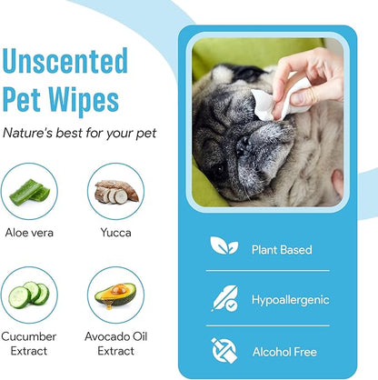 100 Dog Wipes for Paws and Butt Ears Eyes Unscented | Organic Hypoallergenic Pet Wipes for Dogs with Aloe Vera | Dog Wipes Cleaning Deodorizing | Extra Thick Dog Paw Wipes Dogs Cat Puppy Pets