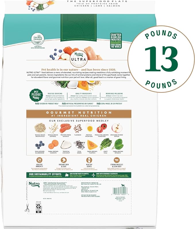 Nutro Ultra Senior Dry Dog Food with a Trio of Proteins from Chicken, Lamb and Salmon, 13 lb. Bag