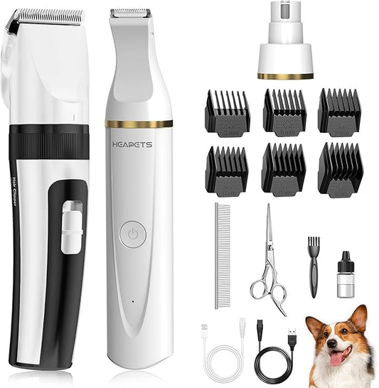 Dog Hair Clippers for Grooming Kit and Dog Paw Trimmer for Grooming, Low Noise Rechargeable Cordless, Shaver Grooming Supplies for Pet Cats Dogs (White, White)