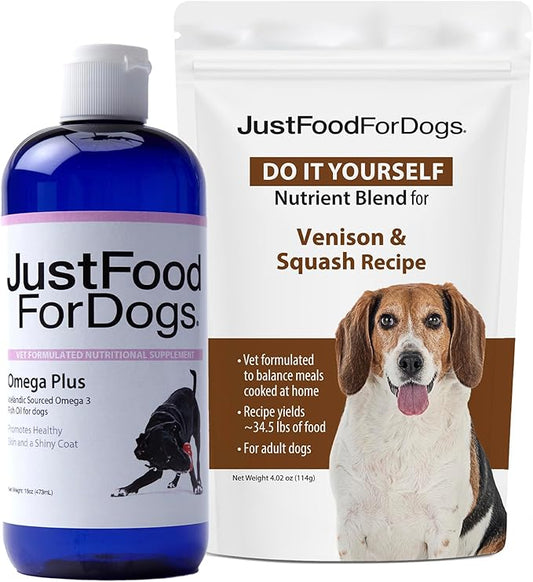 JustFoodForDogsDIY Human Quality Dog Food, Grain Free Nutrient Blend Base Mix for Dogs - Venison and Squash (114 Grams) & Omega Plus Fish Oil for Dogs - Omega 3 Liquid Supplement for Pets - 16 oz