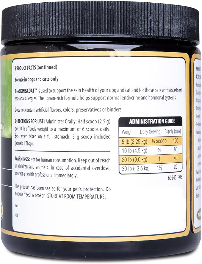 BioSKIN & Coat Natural Antihistamine Supplement for Dogs & Cats, Supports Skin Health and Helps Maintain Normal Histamine Levels, 40-Day Supply for 20-lb. Animal, 7-oz. Powder