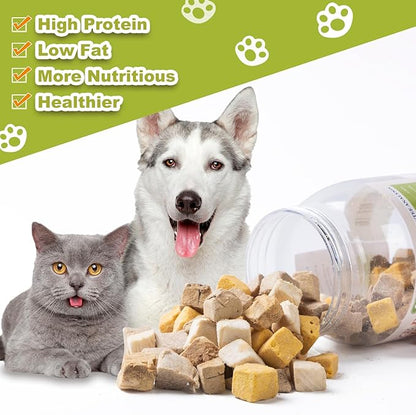 Freeze Dried Chicken Duck Salmon Cube - Cat Dog Dices Food Treats 5 in 1 Raw Egg Yolk High Protein Snacks Easy Digestion Pet Food No Fillers Preservatives or Additives for Training（5 OZ）