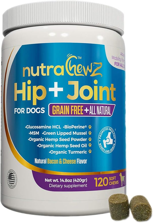 Grain Free Hip & Joint Supplement for Dogs with Organic Hemp Oil, Glucosamine Chondroitin, Turmeric, MSM, Green Lipped Mussel for Arthritis, Pain Relief, Mobility All Natural - 120 Chews