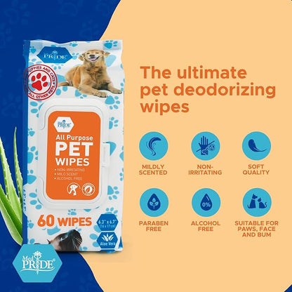 MED PRIDE Pet Wipes [12 Packs of 60] for Dogs & Cats - Hypoallergenic Cleaning Deodorizing Dog Wipes with Aloe Vera - Alcohol and Paraben-Free Pet Wipes- Extra Soft Cat Bathing Wipes for Fur