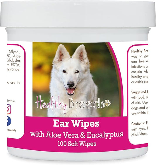 Healthy Breeds German Shepherd, White, Ear Cleaning Wipes with Aloe & Eucalyptus for Dogs 100 Count