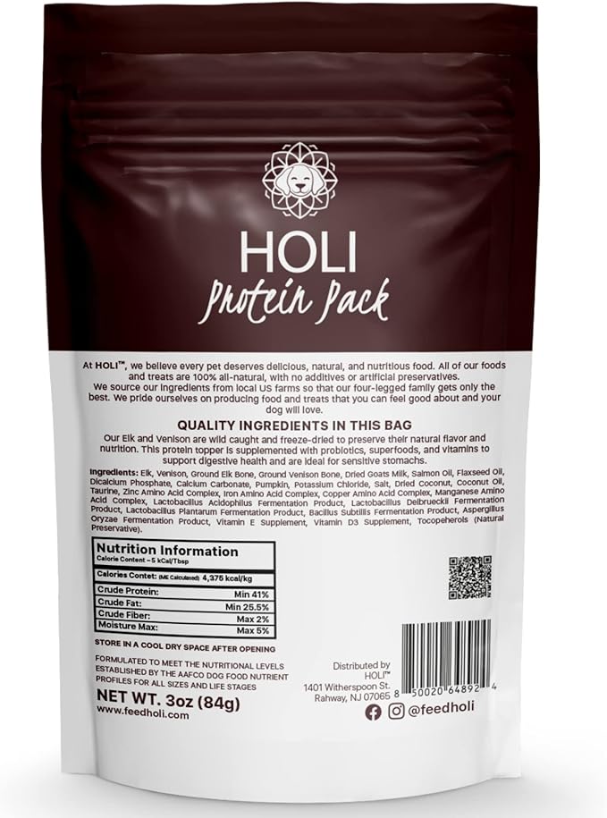 HOLI Freeze Dried Elk and Venison Dog Food Topper - 96% Meat, Wild Caught Free Range - Freeze Dried Dog Food Flavor Enhancer for Picky Dogs – 100% All Natural - 3oz