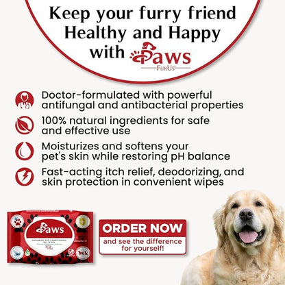 PawsFurUs® All-Natural Pet Wipes for Dogs & Cats - Doctor-Formulated for Total Pet Care with Antifungal & Antibacterial Protection, pH Balancing, Moisturizing, Deodorizing & Fast Itch Relief - 72ct.