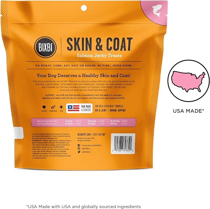 BIXBI Skin & Coat Support Salmon Jerky Dog Treats, 10 oz - USA Made Grain Free Dog Treats - Antioxidant Rich to Support Shiny, Full Bodied Coats - High in Protein, Whole Food Nutrition, No Fillers