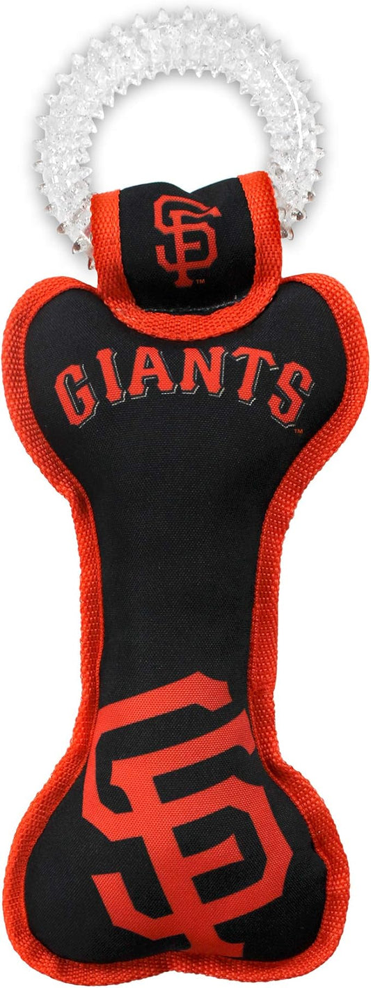 MLB San Francisco Giants Bone Shaped DENTAL DOG TUG TOY with SQUEAKER. TOUGH PET TOY for Healthy Fun, Teething, and Cleaning pet's teeth and gum.