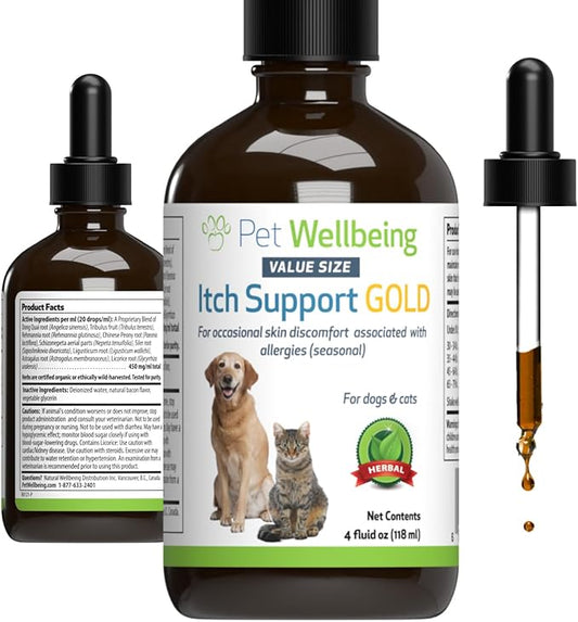 Pet Wellbeing Itch Support Gold for Dogs & Cats - Vet-Formulated - Itchy Skin & Paws, Hot Spots, Skin Allergies - Natural Herbal Supplement 4 oz (118 ml)