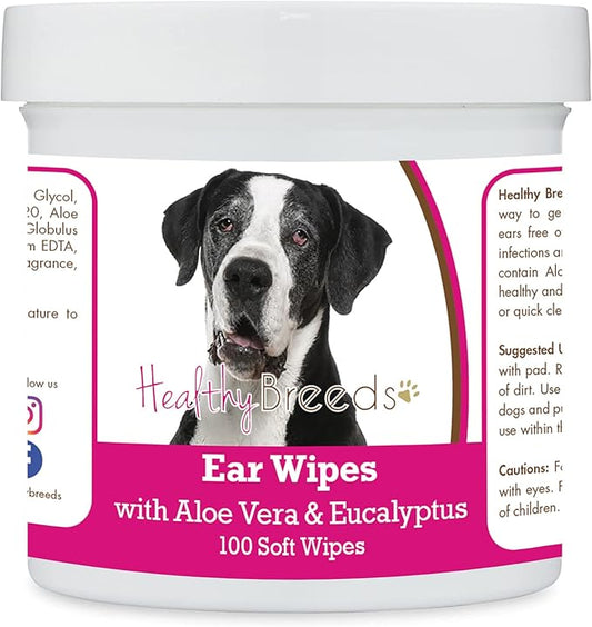 Healthy Breeds Great Dane, Mantle, Ear Cleaning Wipes with Aloe & Eucalyptus for Dogs 100 Count