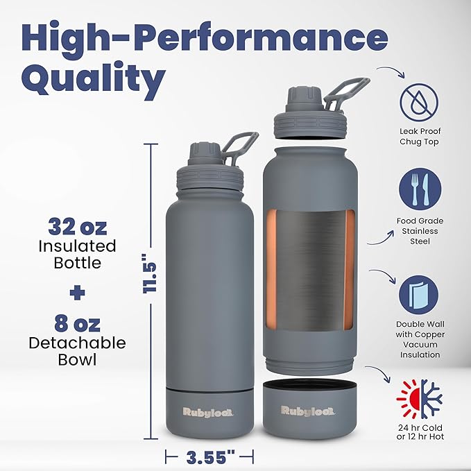 Dog Water Bottle for Dog Lovers - 32 oz Stainless Steel Double Wall Insulated Water Bottle with 8 oz Attached Dog Bowl - Dog Mom Gifts for Women for Travel, Hiking & Everyday Adventures - Smokey Grey