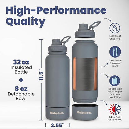 Dog Water Bottle for Dog Lovers - 32 oz Stainless Steel Double Wall Insulated Water Bottle with 8 oz Attached Dog Bowl - Dog Mom Gifts for Women for Travel, Hiking & Everyday Adventures - Smokey Grey