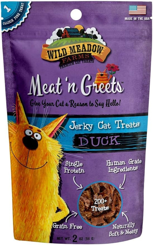 Wild Meadow Farms - Cat Treats - Meat 'N Greets - Soft Jerky Treats with Real Meat, High Protein, Grain-Free, Perfect for Training & Rewarding, All Natural Snacks for Cats - Duck Flavor