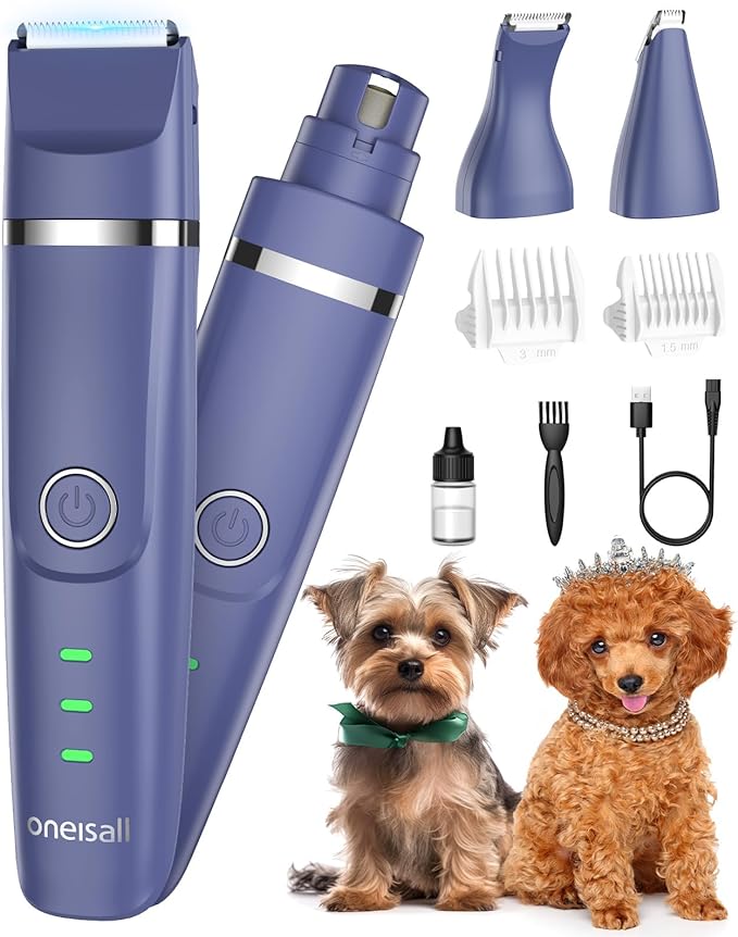 oneisall Small Dog Clippers, Quiet Cordless Dog Paw Trimmer & Nail Grinder, Dog Grooming Kit for Small Dogs with Guards, 2 Speed Dog Trimmers for Small Dogs(Blue)