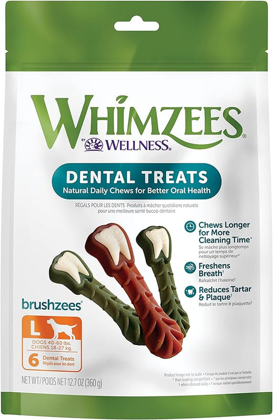 WHIMZEES by Wellness Brushzees Natural Dental Chews for Dogs, Long Lasting Treats, Grain-Free, Freshens Breath, Large Breed, 6 count