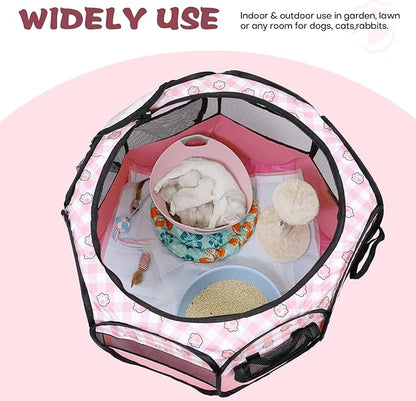 Foldable Dog Playpen Cat Puppy Playpen Indoor Pop Up Pet Animal Playpen Outdoor Kennel Cage Pen Tent for Small Medium Dog Puppy Cat Kitten Rabbit - Large, Pink