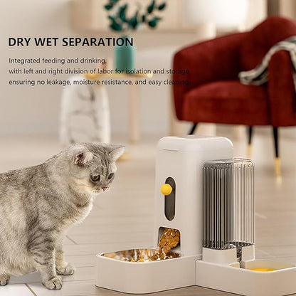 Dog Cat Feeder and Water Dispenser Set 2 in 1, Gravity Pet Feeder and Water Dispenser Set 2.6L with Stainless Steel Bowls, Travel Supply Feeder and Water Dispenser for Pets (White)