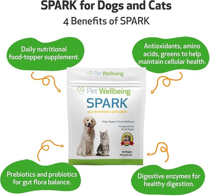 Pet Wellbeing Spark Daily Nutritional Greens Superfood for Dogs & Cats - Probiotics, Digestive Enzymes, Amino Acids, Antioxidants, Vitamin D, Spirulina & More - Vet-Formulated - 3.53 oz (100 g) Powder