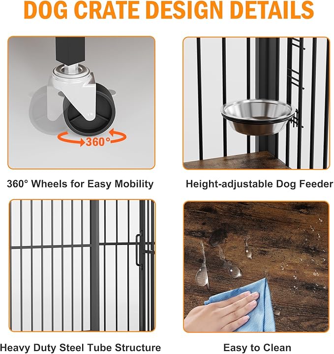 Dog Crate Furniture, Dog Crates Side End Table Indoor, Wooden Dog Kennel with Adjustable Height and 360° Rotating Feeder, Decorative Dog Crate Furniture for Large Dogs (48" L x 29.92" W x 44.29" H)