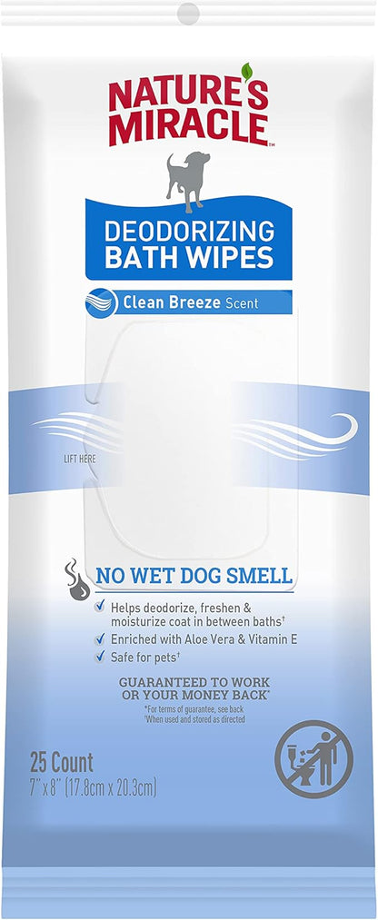 Nature's Miracle Deodorizing Bath Wipes for Dogs, 25 Count, Clean Breeze Scent