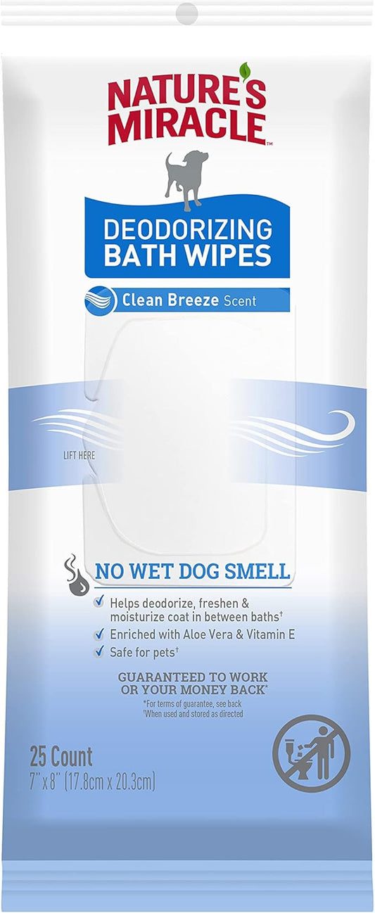 Nature's Miracle Deodorizing Bath Wipes for Dogs, 25 Count, Clean Breeze Scent