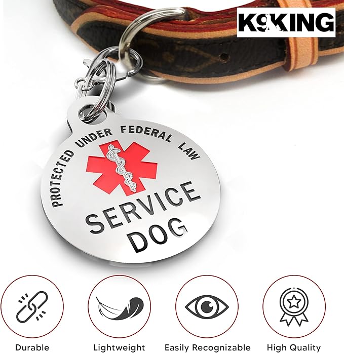 Service Dog Tag Double Sided Federal Protection with Red Medical Alert Symbol Pet ID Tags 1.25 inch. Easily attach to Collar Harness Vest Dog Service Tag